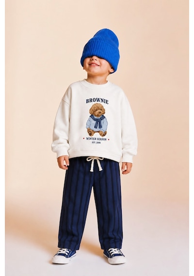 Monila Erkek Çocuk Ekru Ayıcık Baskılı Sweatshirt Ve Lacivert Çizgili Eşofman Alt Üst Takım