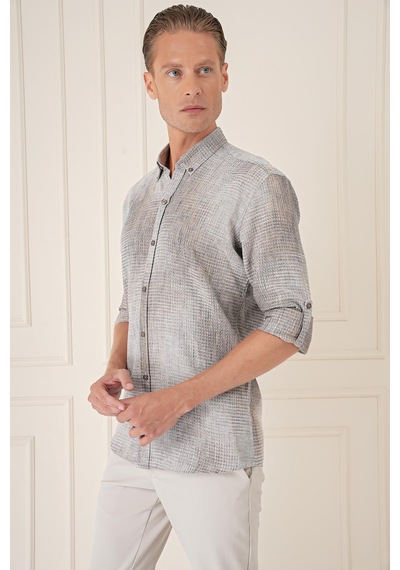 Efor Comfort Fit Batik Desen %100 Keten Bej Gömlek G 1571 Bej