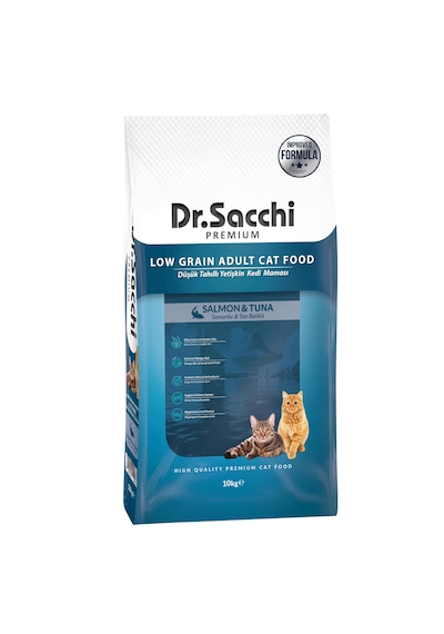 Dr. Sacchi Premium Düşük Tahıllı Somonlu Ton Balıklı Yetişkin Kedi Maması 10 KG