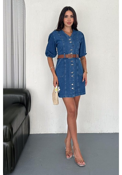 Noa & Noa Kadın Düğmeli Denim Elbise Deri Kemerli & Modern Kesim Mavi