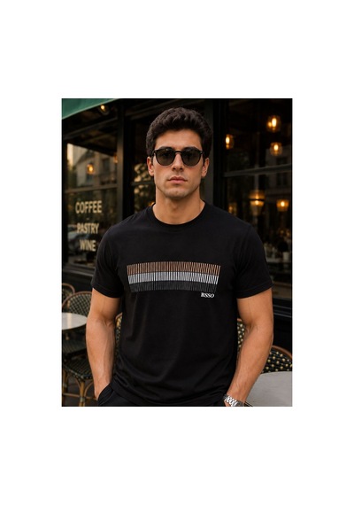 Hzr Wear Erkek Nakış Baskı Detaylı Sıfır Yaka Regular Fit %100 Pamuk Tişört Siyah