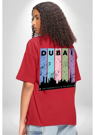 Dubai Şehir Silüeti Renkli Şehir Kırmızı Oversize Unisex Ön Ve Sırt Baskılı Tişört Kırmızı