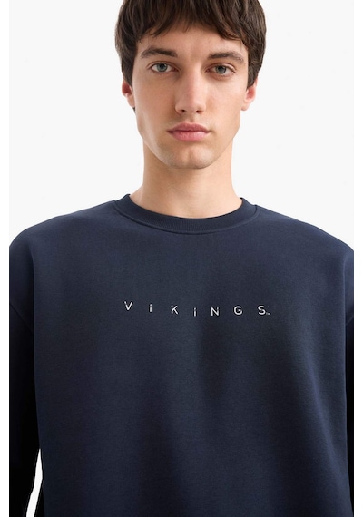 Defacto Vikings Boxy Fit Bisiklet Yaka Sırt Baskılı Sweatshirt E9323ax25aunv64 Lacivert-nv64