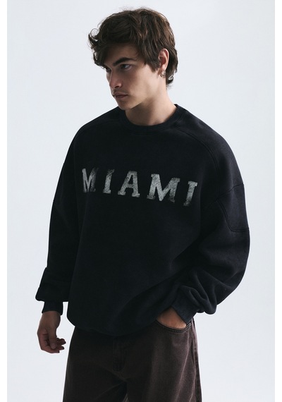 Vamos Miami Baskılı Bisiklet Yaka Sweatshirt Siyah