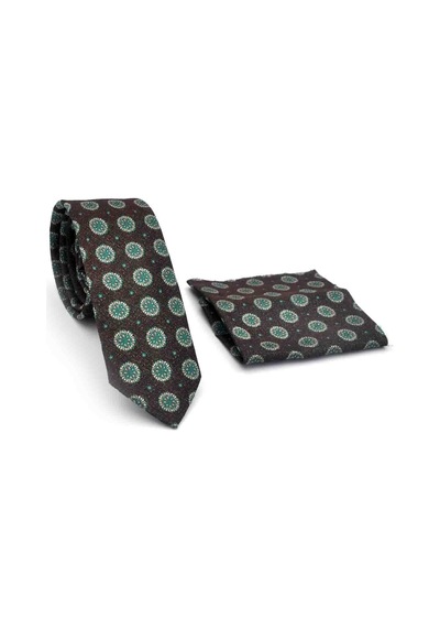Gaffy Yeşil Bej Yuvarlak Desenli Kahverengi Dokuma Kumaş Mendilli Slim Fit Kravat // Sdk-250206 Kahverengi