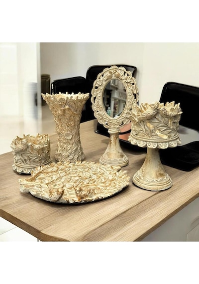 Dekoratif Polyester Kuşlu Beşli Salon Konsol Seti Krem Eskitme