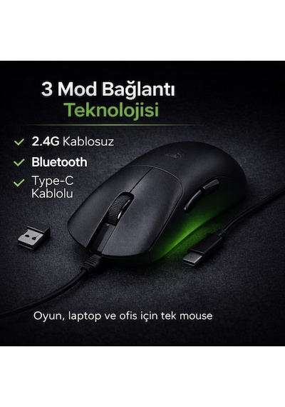 Gaming Kablosuz Mouse Siyah 63g Ultra Hafif 2.4g, Bluetooth, Type-c, 12800 Dpı Şarjlı Ergonomik Makrolu Tasarım Diğer