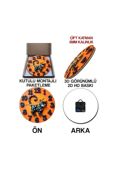 Siyah Noktalı Kedi Figürlü Çift Katmanlı Mdf Duvar Saati 3d Görünümlü Tasarım 33 Cm Sdw340 Renkli