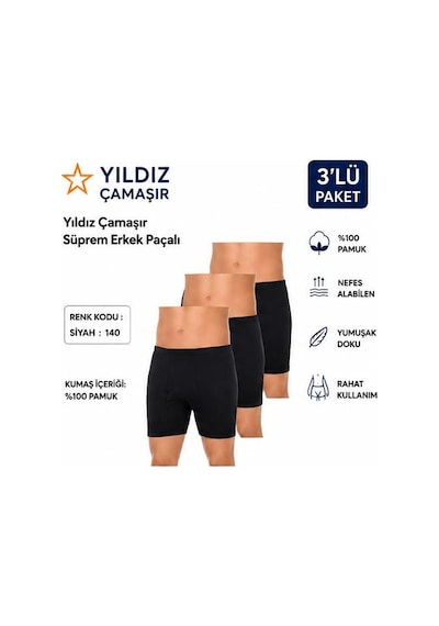 Yıldız Çamaşır Erkek Süprem Erkek Paçalı Boxer 05-140-141 - 3 Adet Siyah