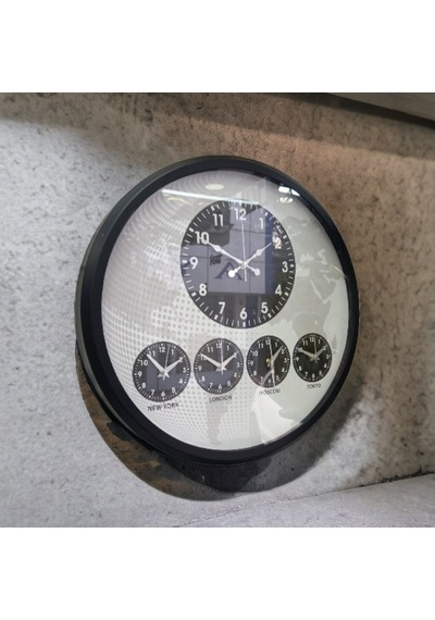 Dünya Saatleri Otel Duvar Saati Metal Siyah Çerçeve Çap 52 Cm Siyah