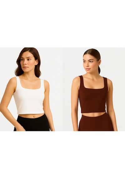İngegno Body Kadın Geniş Yaka Sıfır Kol Crop %95 Viskon Örme Ring Kumaş 2 Li Paket Beyaz - Kahverengi