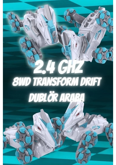 Uzaktan Kumandalı Buhar Püskürten Işıklı 8 Tekerlekli Akrobat Dinozor Araba Drift Yapan Çılgın Dino Kırmızı Beyaz