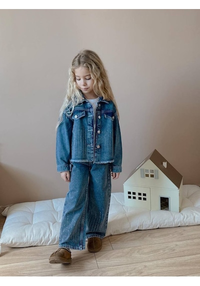Miniko Kids Kız Çocuk Kot Ceketli Kot Pantolonlu Taşlı Takım Mavi
