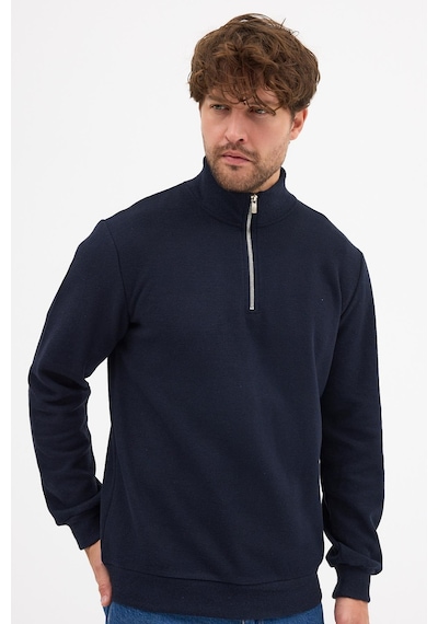 Mmetalic Erkek Lacivert Standart Fit Normal Kesim Pamuklu Yarım Fermuarlı Dik Yaka Pamuklu Sweatshirt Lacivert