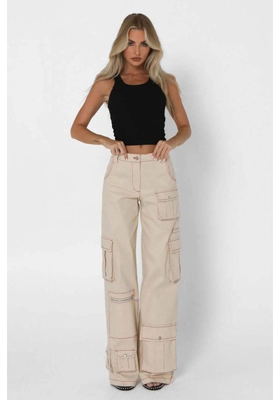 By Dyln Tyler Low Waisted Cargo Pants - Rahat Fit, Çeşitli Cepler Ve Kontrast Dikiş Doğal By Dyln Tyler Low Waisted Cargo Pants - Rahat Fit, Çeşitli Cepler Ve Kontrast Dikiş Doğal