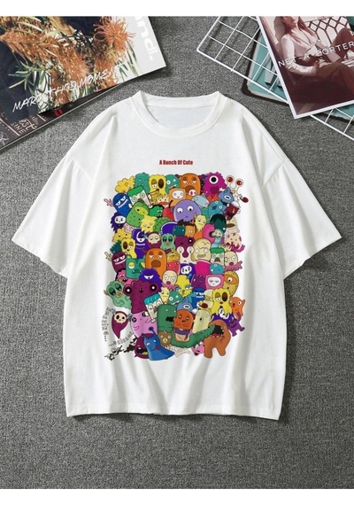 Unisex Beyaz Oversize Figür Baskılı T-shirt Beyaz