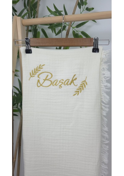 Gros Shop Müslin Yeni Doğan 4katlı Organik %100pamuk Kişiye Özgü Nakışlı Hastane Çıkış Seti-başak Model Ekru-1