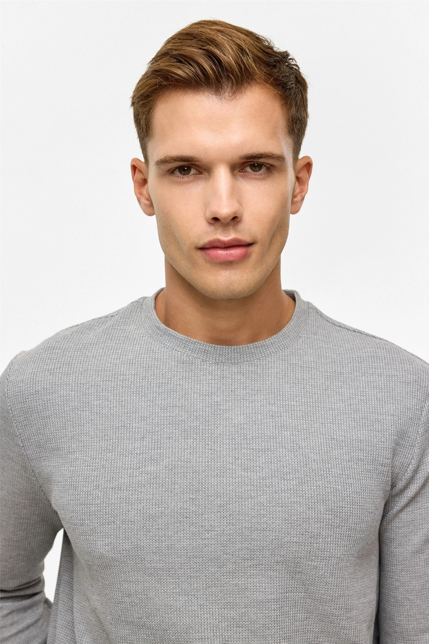 Süvari Gri Regular Düz Bisiklet Yaka Sweatshirt-38788 Gri