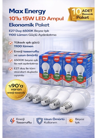 Max Energy 15w Led Ampul E27 Duy 6500k Beyaz Işık 1100 Lümen Tasarruflu Ampul 10 Adet