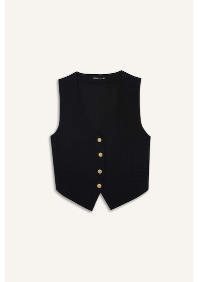 DeFacto Crop V Yaka Keten Karışımlı Blazer Siyah Yelek C7798AX25SMBK81