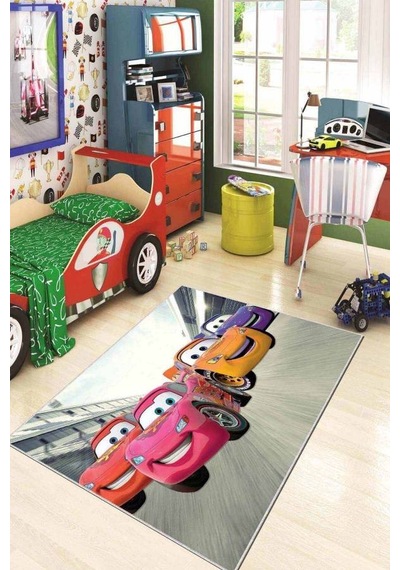 Turuncu Kaymaz Tabanlı Yıkanabilir Arabalı Çocuk Halısı Kd48n11