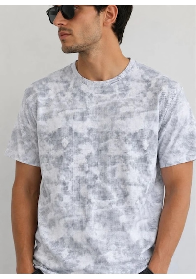 Defymoda Erkek Batik Desenli Tişört Bisiklet Yaka Kısa Kol Regular Fit T-shirt - Gri