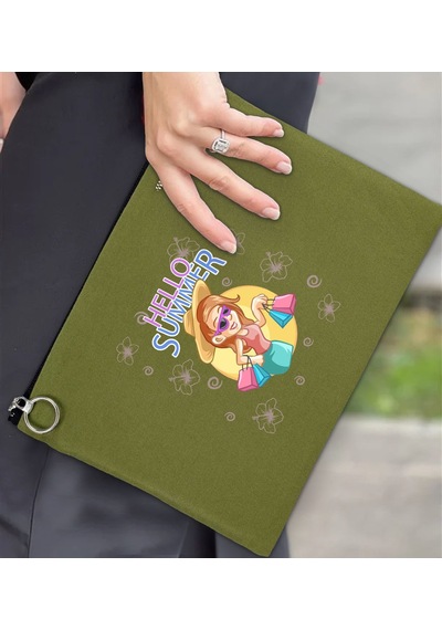 Bk Gift Yaz Temalı-2 Astarlı Yeşil Portföy Çanta 30x21cm, Baskılı El Çantası, Organizer Çanta