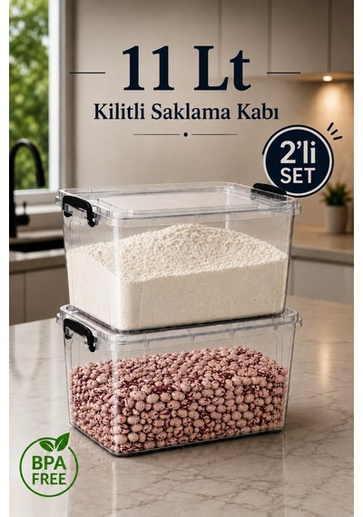 2'li Set 11 Lt Kilitli Un Bakliyat Erzak Saklama Kabı Çok Amaçlı Düzenleyici Oyuncak Deterjan Kutusu