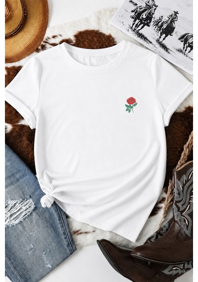Spoyi Forever Rose Tasarımlı %100 Pamuk Yarım Oversize Beyaz T-lhirt