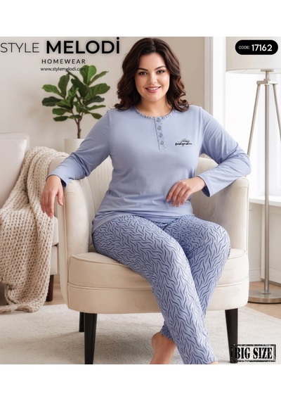 Melodi 17162 Uzun Kol %100 Pamuk Battal Büyük Beden Kadın Pijama Takımı Mavi