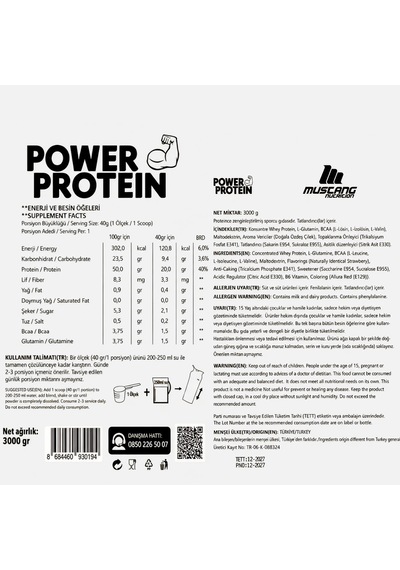 Mustang Nutrition Power Protein Tozu 3000 Gr 75 Servis Çilek + Shaker + Protein Kahve Hediyeli Çilek Aromalı