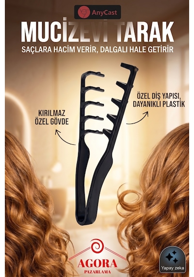 Anycast Unisex Geniş Dişli Hacim Veren Şekillendirici Mucize Saç Tarağı - French Crop Doku Ve Dalga Etkili Siyah