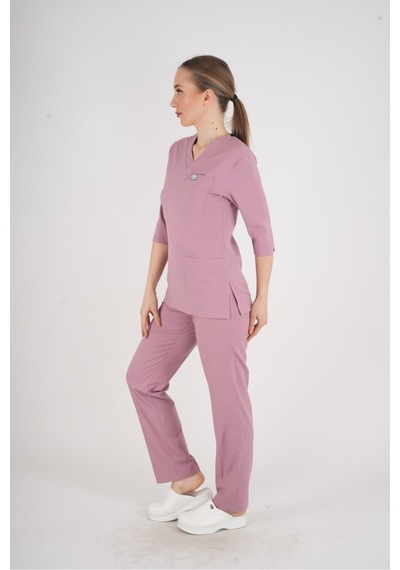 Unisex Pudra Violet Model Scrubs Takım Doktor Hemşire Üniforması Pudra Pudra
