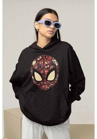 Sevbano Tasarım Spider-man Maske Baskılı Unisex Oversize Marvel Hoodie Siyah