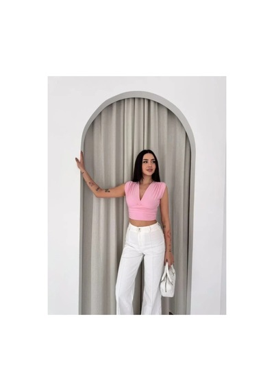 Butik İstanbul Vatkalı Kolsuz V Yaka Drapeli Crop Bluz Likralı Fit - Pembe