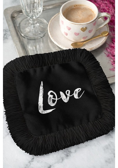 Love Yazılı Saçaklı Kahve Yanı Sunum Kokteyl Peçetesi - Şık Modern Siyah Beyaz Bardak Altlığı Mendil Çok Renkli