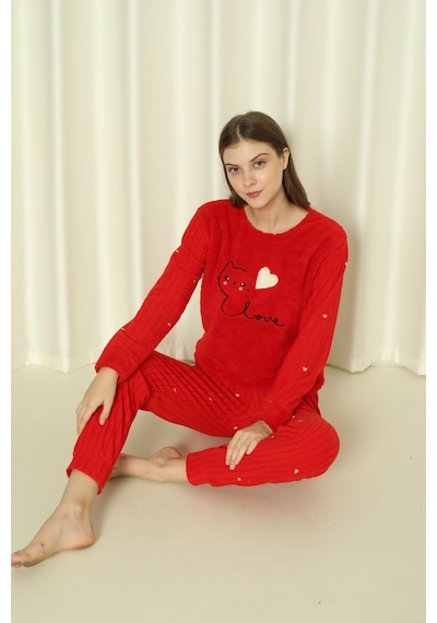 Wordex Fawn 04-3309 Peluş Welsoft Polar Kışlık Yumoş Kalpli Kedili Kadın Pijama Takımı Kırmızı Wordex Fawn 04-3309 Peluş Welsoft Polar Kışlık Yumoş Kalpli Kedili Kadın Pijama Takımı Kırmızı