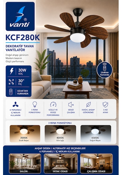 Vanti Kcf280k 6 Kanatlı Ahşap Desenli Uzaktan Kumandalı Avizeli Dekoratif Tavan Vantilatörü