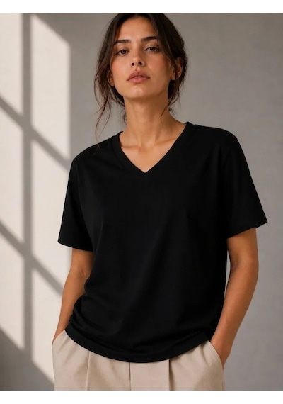 Efnaz Style V Yaka Basic Tişört Kısa Kol Yazlık Regular Fit T-shirt - Siyah