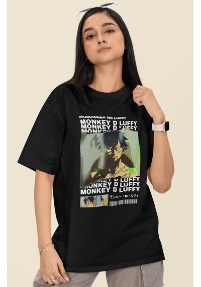 Tasarım Monkey D. Luffy Baskılı Unisex Oversize One Piece Anime T Siyah