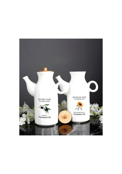 Etiketli Ahşap Standlı 2'li Porselen 1000ml Yağlık&sirkelik 3'lu Yağdanlık Set Beyaz 261132656 Beyaz