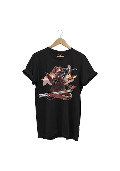 Av Köpeği Avcılık Fişek Ve Çulluk Kuşu Baskılı Vahşi Yaşam Doğa Baskılı Regular Fit Siyah T-shirt Siyah