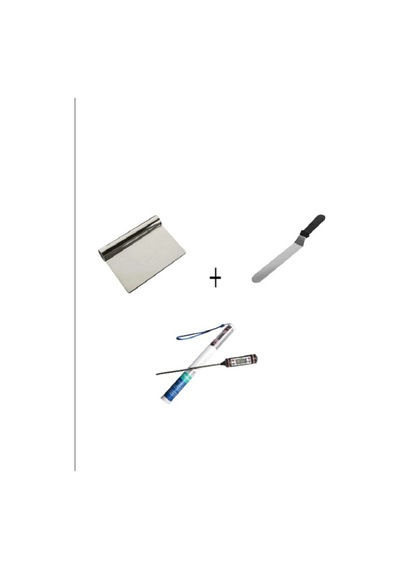 Pasta Sıvama Spatulası Çelik Spatula Hamur Kazıyıcı Gıda Termometresi 3lü Set Çelik Gri Diğer