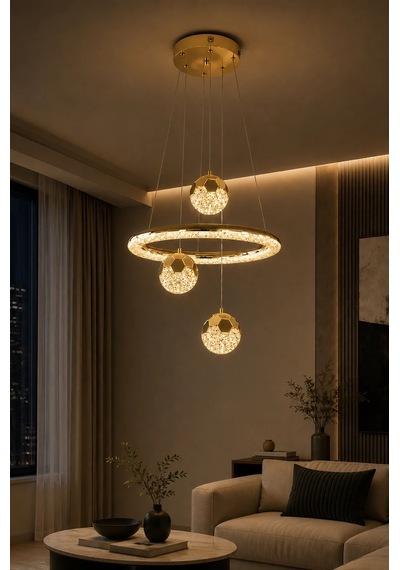 Modern Premium Gold Küreli 3 Renkli Ledli Sarkıt Avizesi Salon Mutfak Çocuk Odası Şık Modelleri 84w