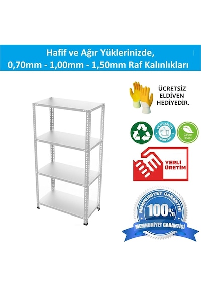 Raf Burada  4 Katlı Galvaniz Çelik Raf - Depo, Arşiv, Kiler, Dosya, Market Rafı-31x60x200 cm- 0.70 mm