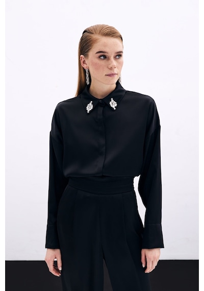 Sateen Aksesuar Detaylı Gömlek - Siyah-135822 Siyah