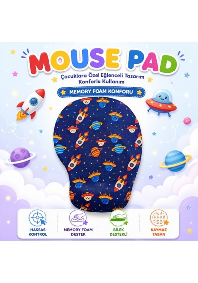 Black Flex Dijital Baskılı Çocuk Memory Foam Ergonomik Bilek Destekli Space Mause Pad