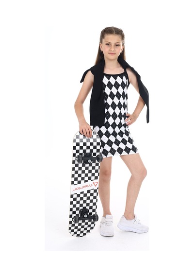 Toontoy Kız Çocuk 2'li Takım Baskılı Regular Fit Kare Yaka Askılı Elbise & Bisiklet Yaka Uzun Kollu Asimetrik Sweatshirt Siyah