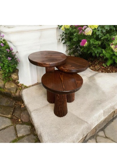 Simillo Wood Wooden Ahşap 3 Lü Set Fitilli Mantar Yan Sehpa Modern Kestane Renk Fiskos Kestane