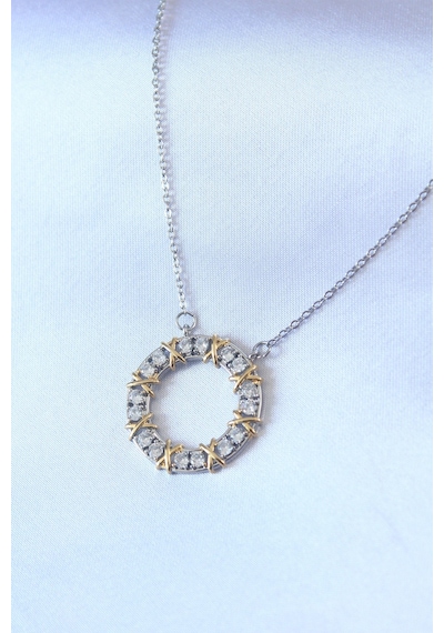 Gümüş Renk Zirkon Taşlı Gold Detay Xoxo Kadın Kolye 316l Çelik Çok Renkli